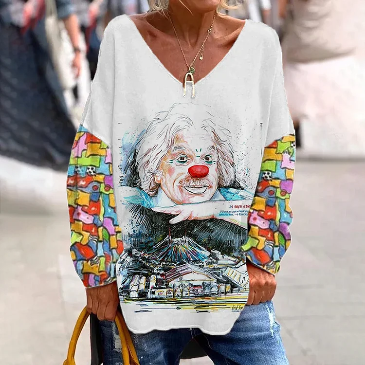 Cooles Outdoor-Clown-bedrucktes lockeres T-Shirt mit V-Ausschnitt für Damen