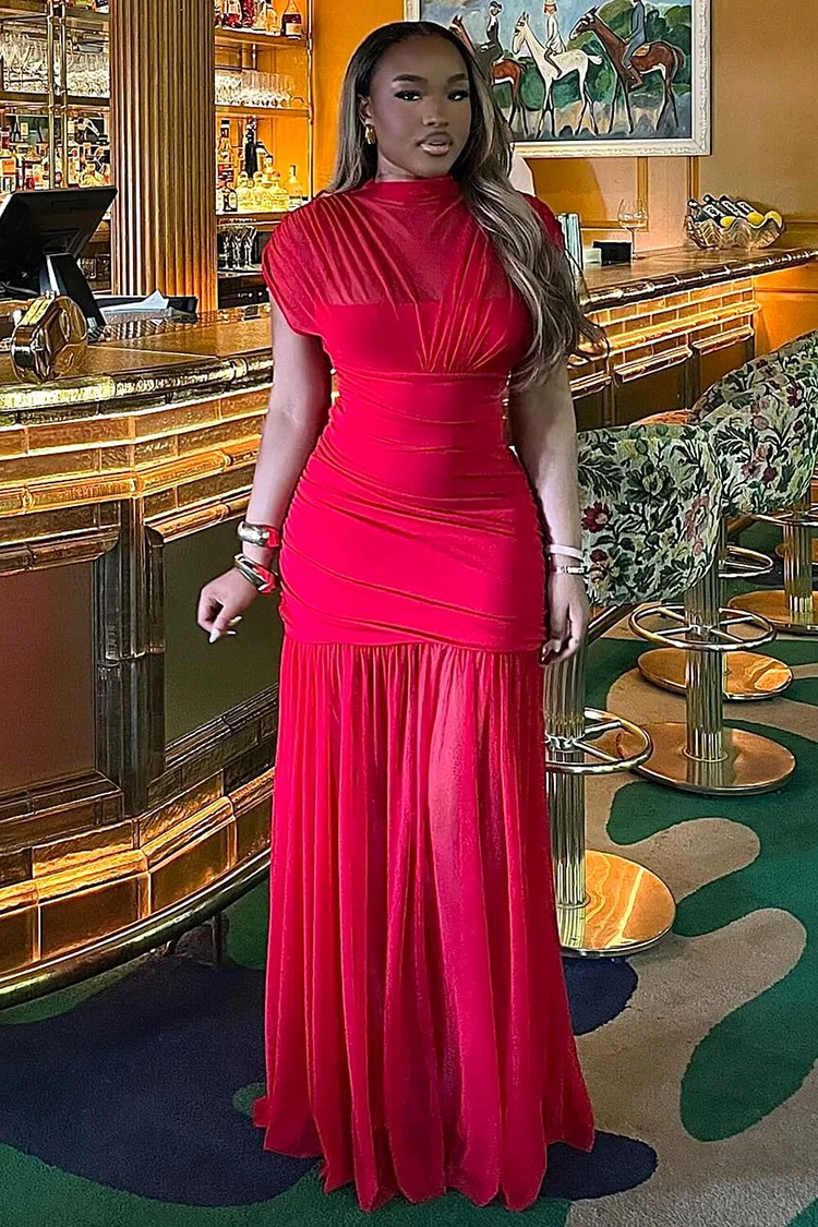 Illusion Neck Cap Sleeve Semi-Sheer Hem Party Maxi Dresses-Red [Pre Order]