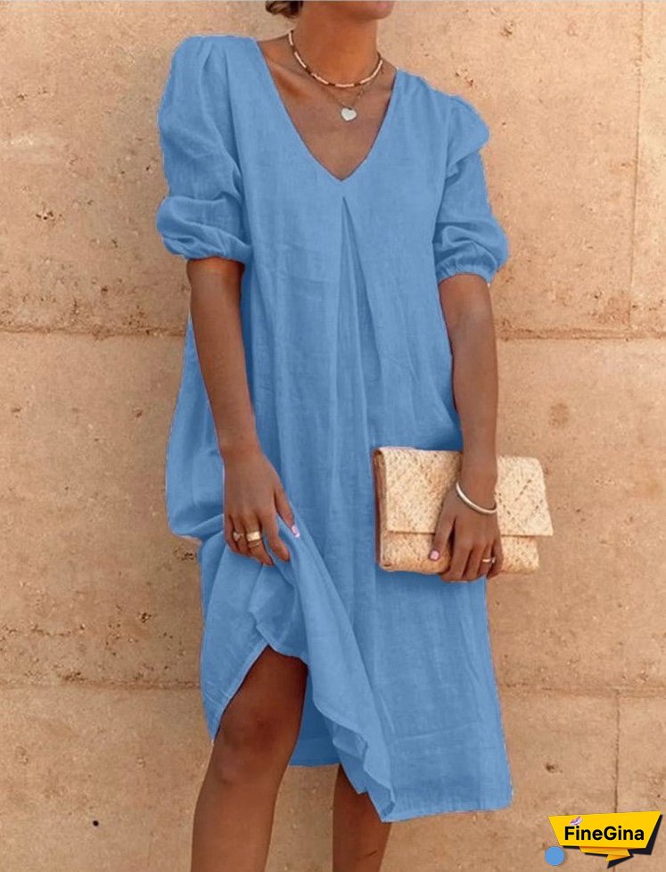 XIEYINSHE Europe and America Cross Border Wish Cotton Linen Solid Color Fashion Medium Long Sleeve Long Casual Mid-Length Dress