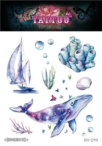 12 Kinds Handpainted Ocean Tattoo Sticker Flower Whale Starfish Turtle Temporary Body Art Disposable Make Up tatouage temporaire