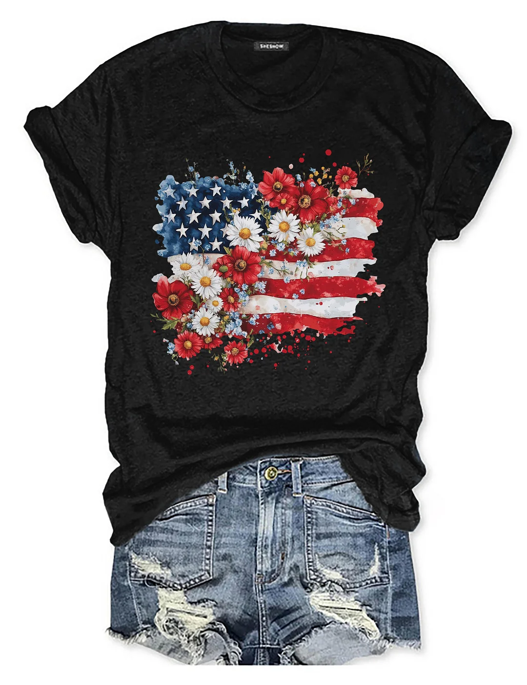 Floral American Flag 4th Of July T-shirt