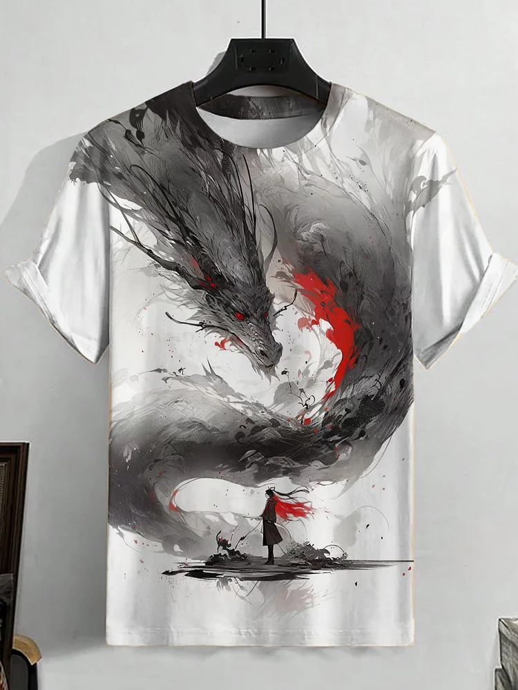 Men's Retro Ink Wash Painting Dragon Art Print T-Shirt