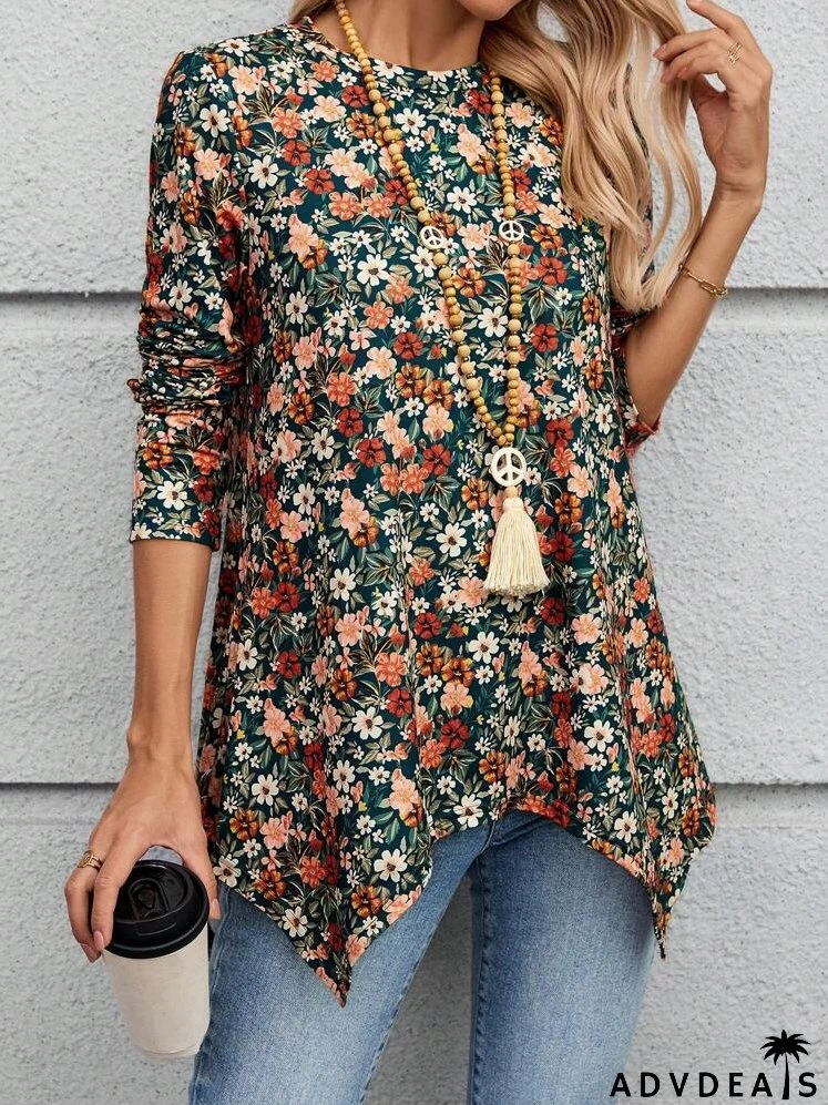 Women's Casual Ditsy Floral Asymmetric Hem T-Shirt, Autumn