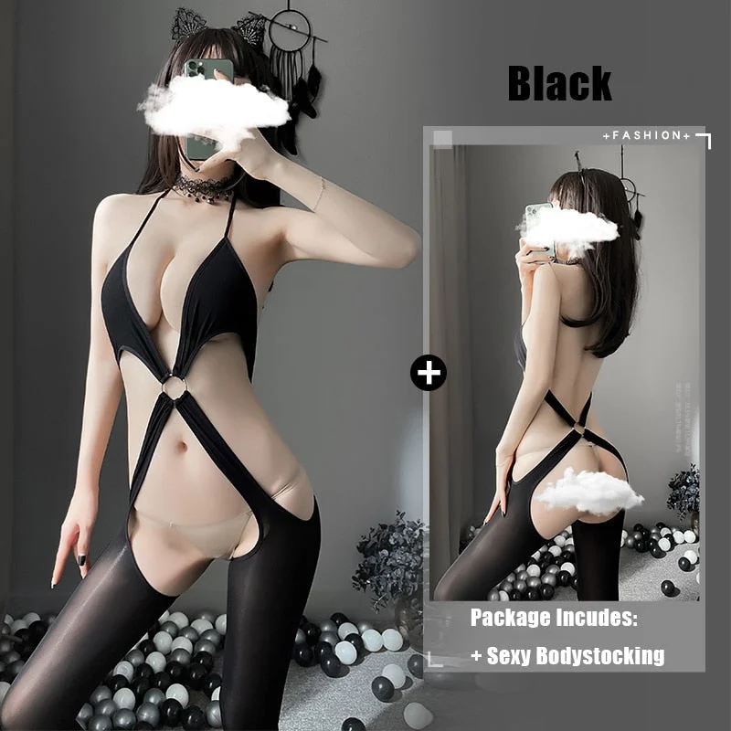 OJBK Sexy Deep V Cross Bodysuit Hollow Out  Erotic Lingerie Open Chest Stretch Mesh Body Stocking Backless Costumes New 0710