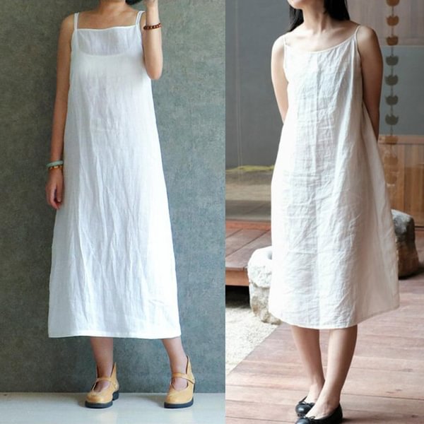 Summer Women Spaghetti Strap Long Dress Kaftan Cotton Linen Holiday Loose Casual Tank Dress Sundress - Shop Trendy Women's Clothing | LoverChic