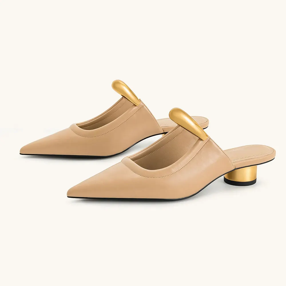 Khaki Vegan Leather Closed Pointed Toe Casual Heeled Mules