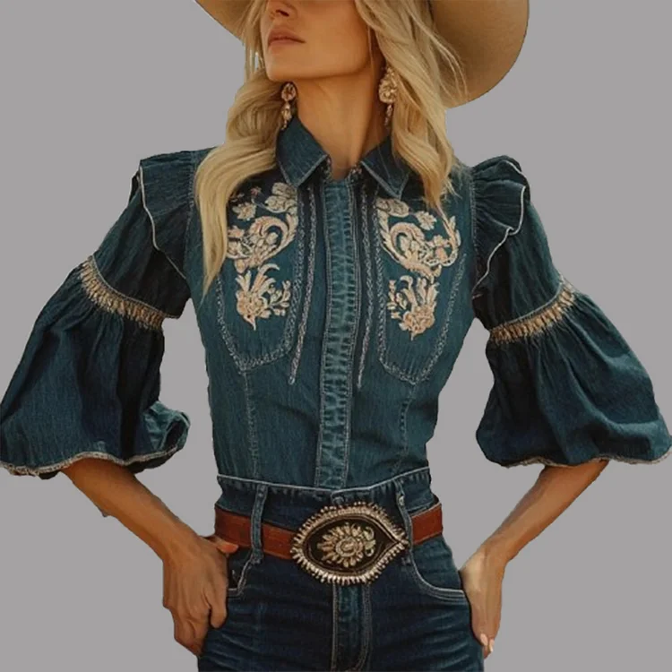 Western Denim Shirt Collar Ruffle Floral Pattern Flare Sleeve Blouse