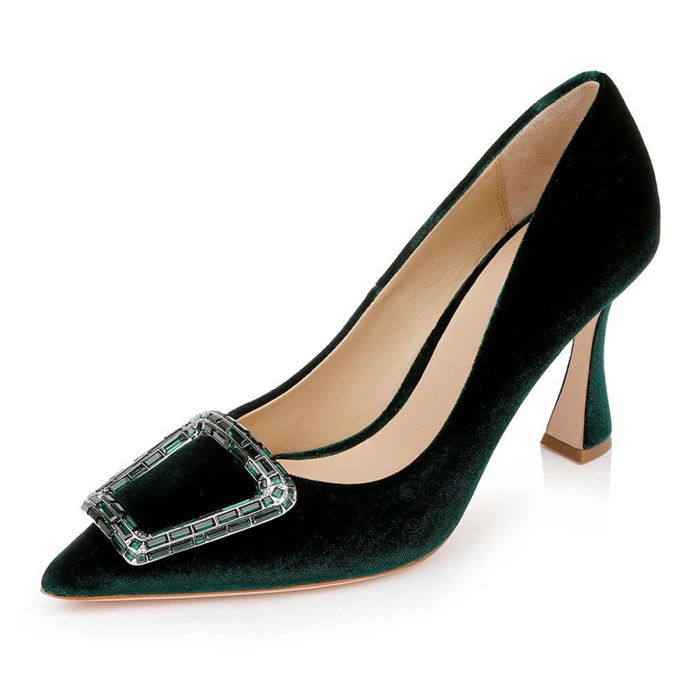 Olive Velvet Flared Heel Pointed Toe Pumps hoes with Buckle Decor Nicepairs