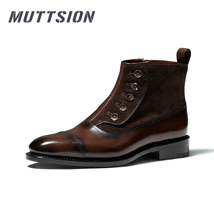 MUTTSION Gentleman Buttons Goodyear Handmade Leather Boots British Business Men's Formal Ankle Boots MUTTSION.COM MUTTSION