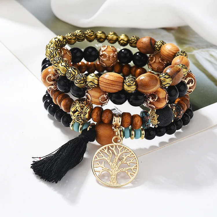 Wooden Handmade Life Tree Beaded Tassel Multi-layer Bracelet