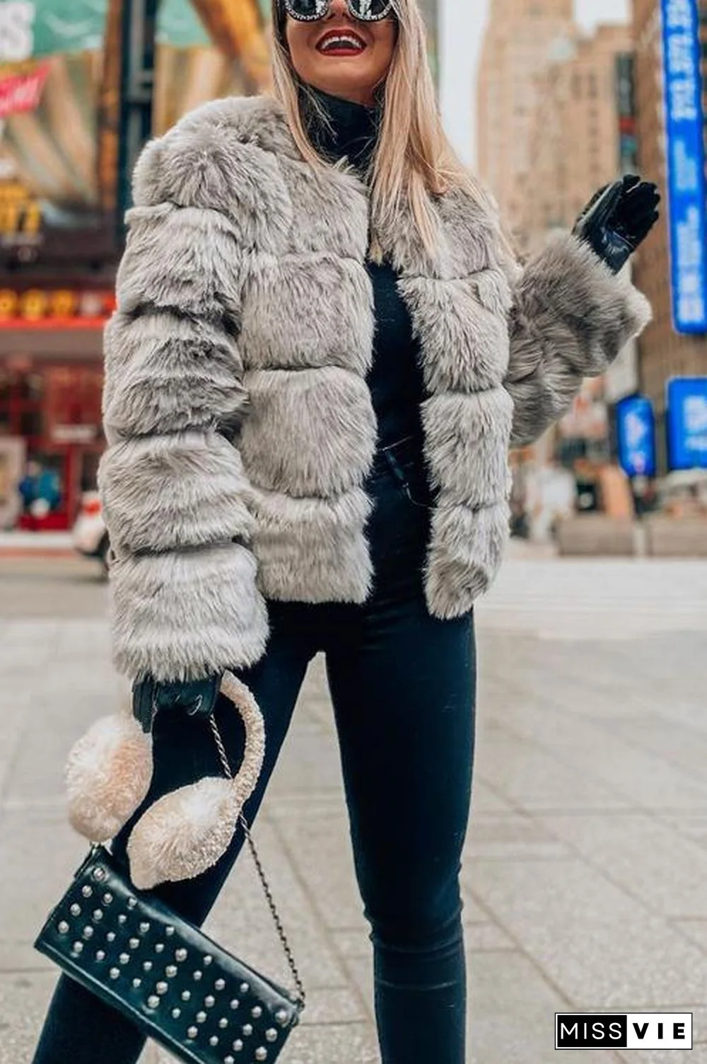 Layer O Neck Faux Fur Coat