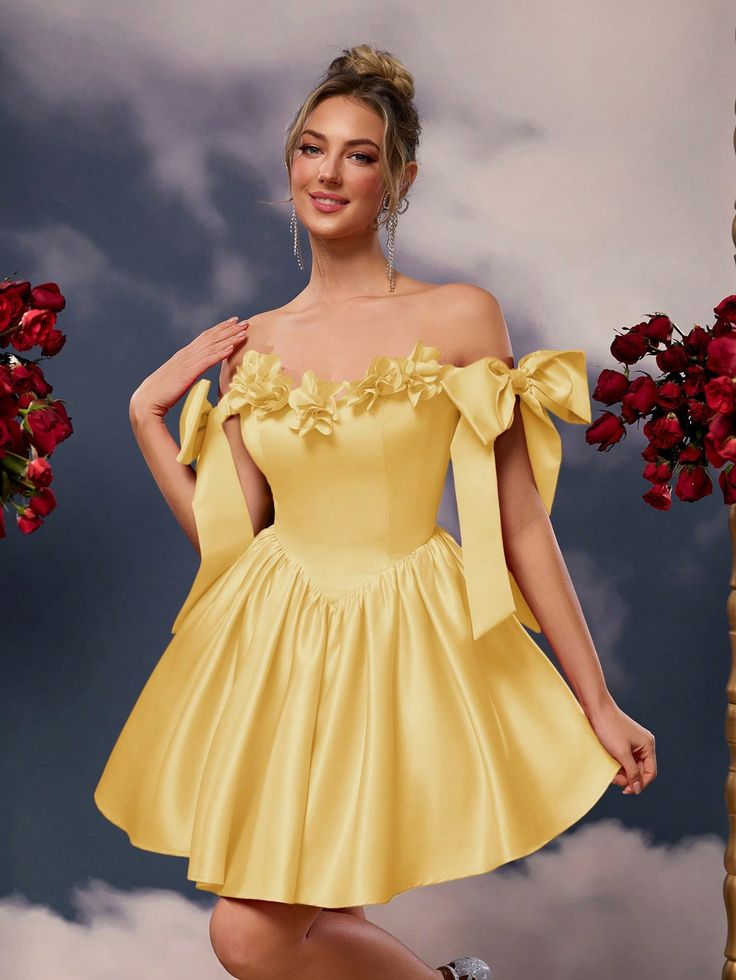 Gold Bow-Knot Off-The-Shoulder Handmade Flower Mini Homecoming Dress HC0171