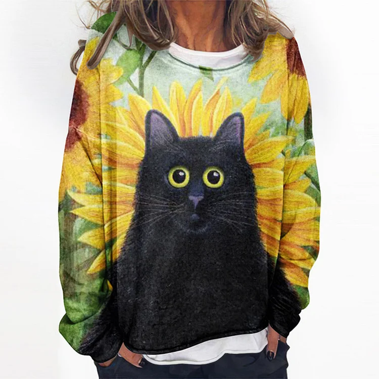 Vefave Sunflower Black Cat Loose Sweatshirt