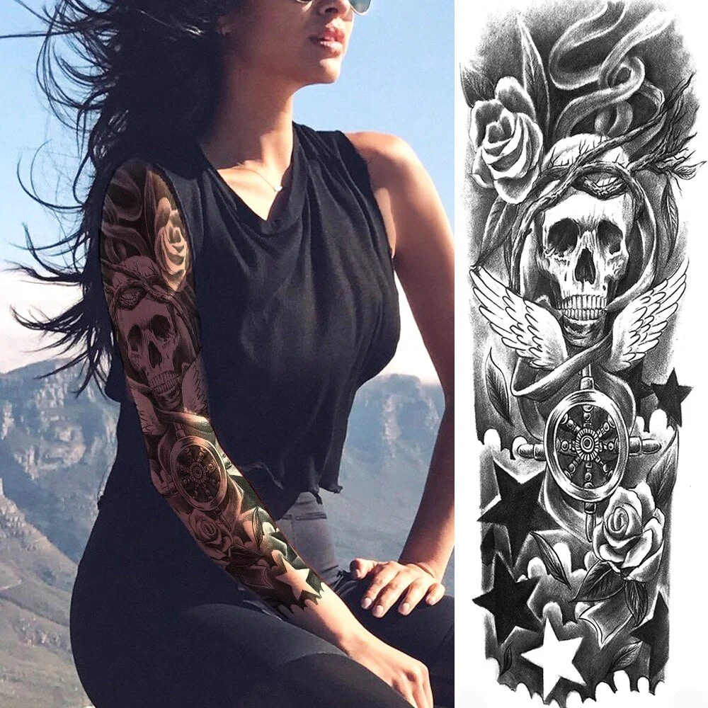 Sexy Full Arm Temporary Tattoos Sticker For Women Men Adult Gun Nun Vines Realistic Fake Tattoo Sleeves Large Tatoos Paste