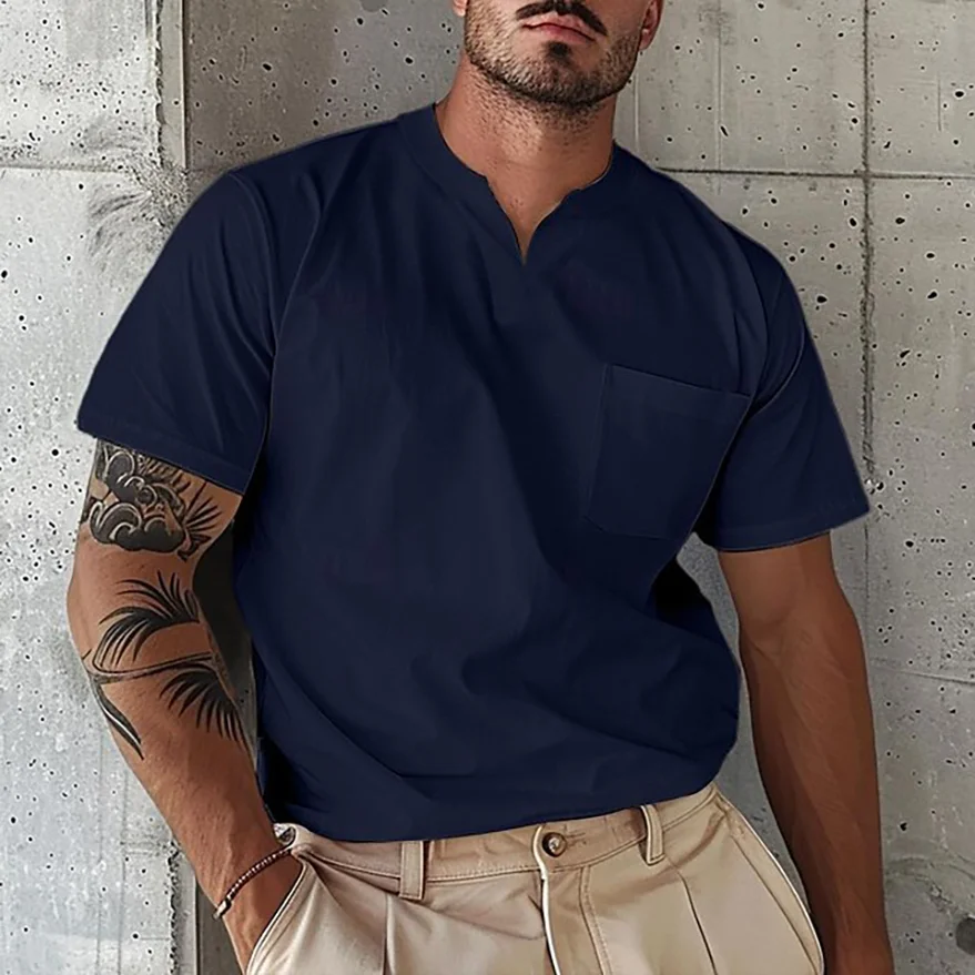 Men's Elastic Cotton Pocket Short Sleeve V-neck T-shirt-inspireuse