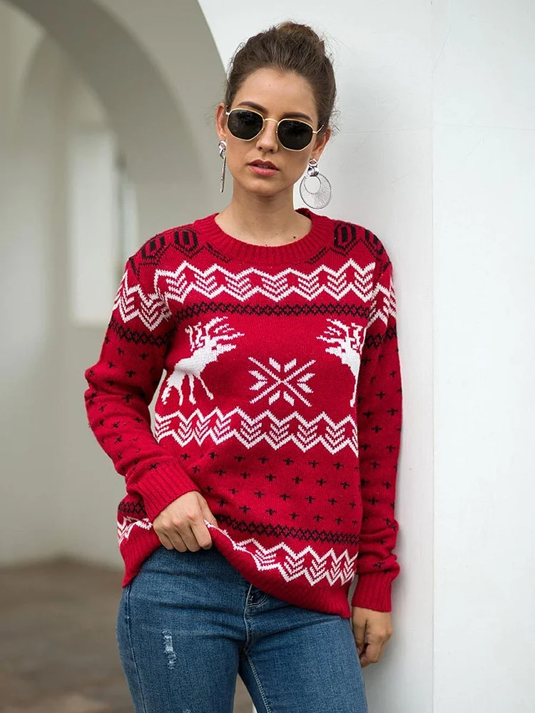 Mayoulove Christmas Sweater Casual O Neck Deer and Snow Print Knit Pullover-Mayoulove