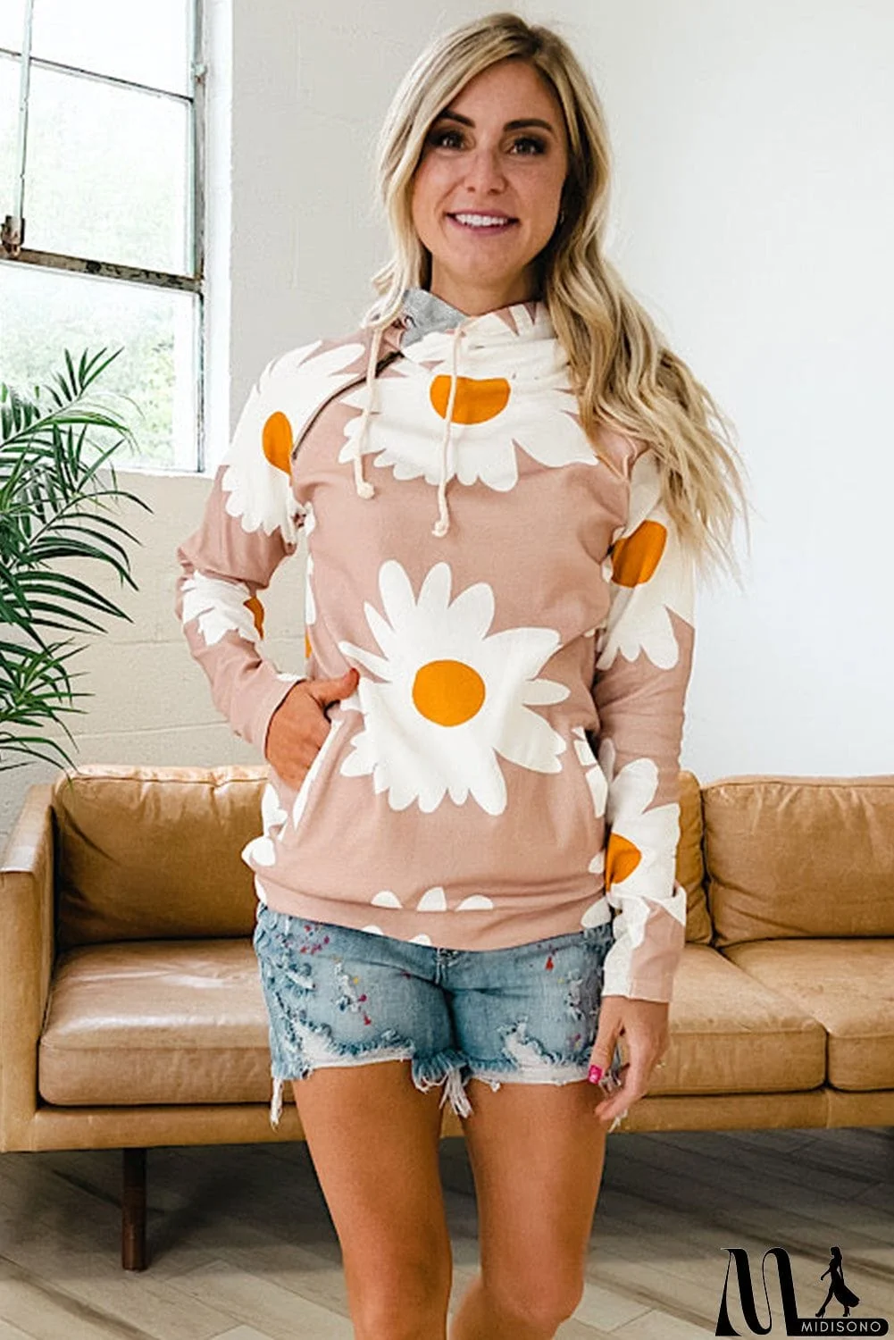 MidiSono - Daisy Print Zipped Doublehood Sweatshirt