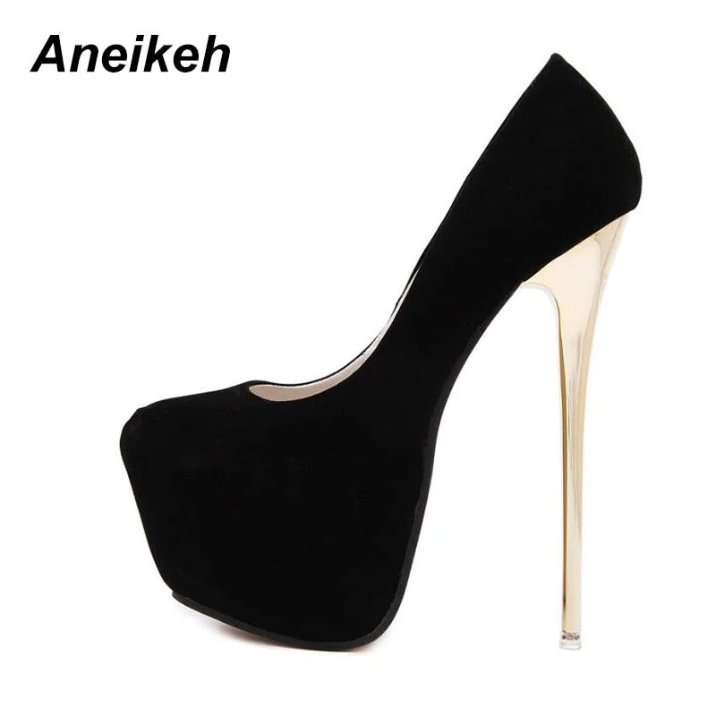 Aneikeh Sexy Pumps Wedding Women Fetish Shoes Concise Woman Pumps Latform Very High Heel Stripper Flock Pumps 16 cm Size 44 45