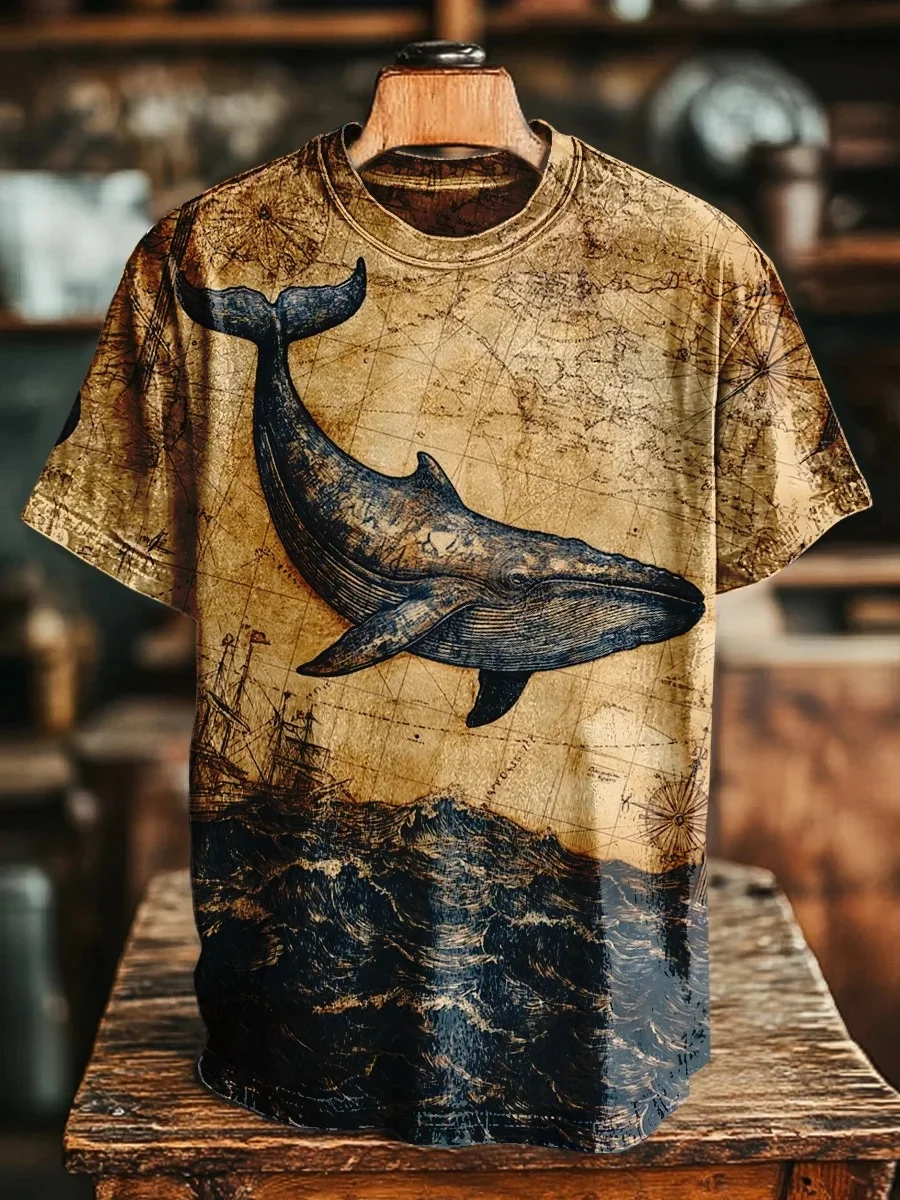 Eagerlys Vintage Nautical Whale Map Art Print T-shirt Eagerlys