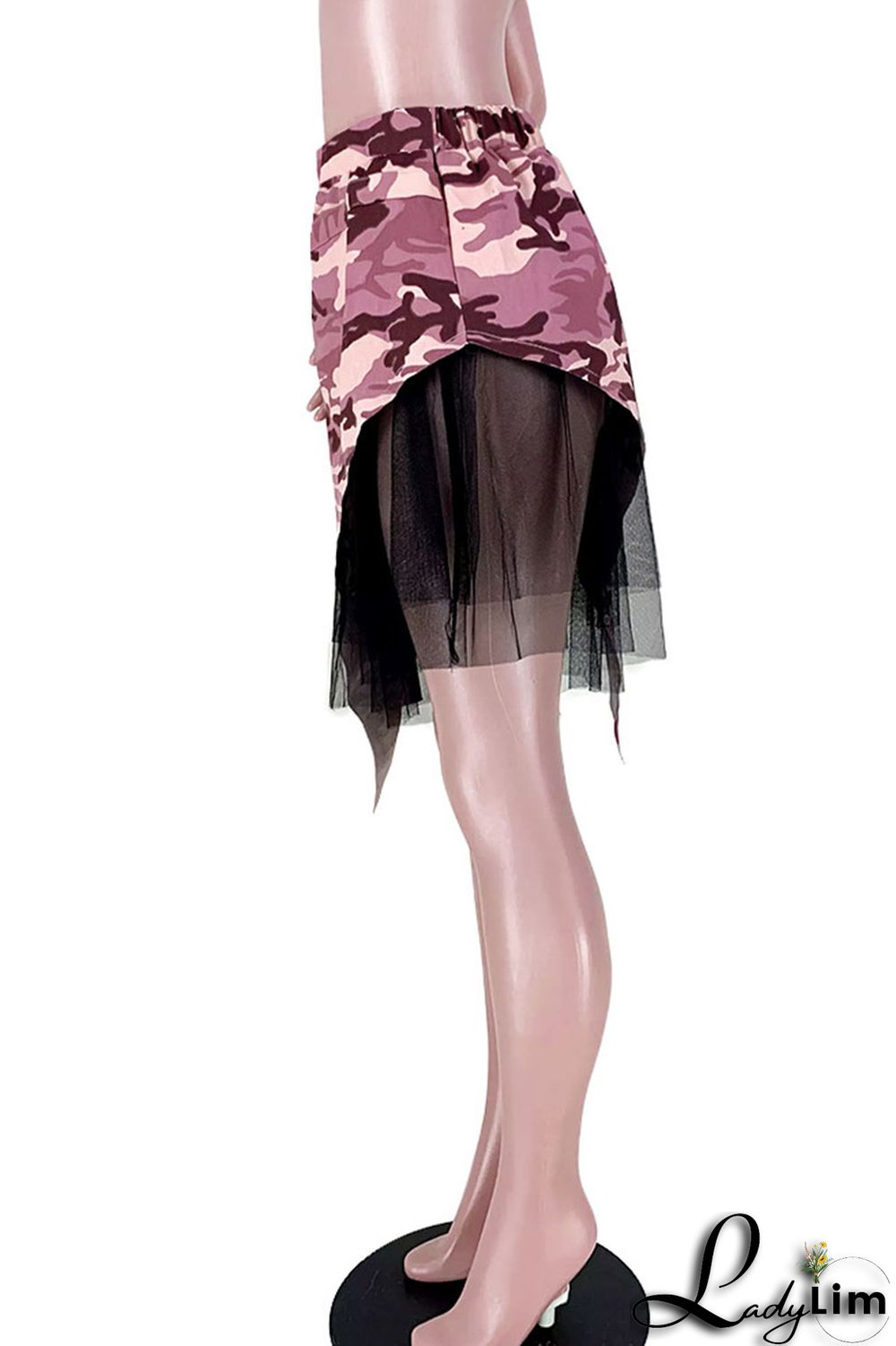 Pink Fashion Street Print Camouflage Print Patchwork Asymmetrical High Waist Full Print Bottoms