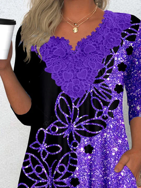 Women Long Sleeve V-neck Butterfly Polka Dot Printed Graphic Lace Pockets Tops