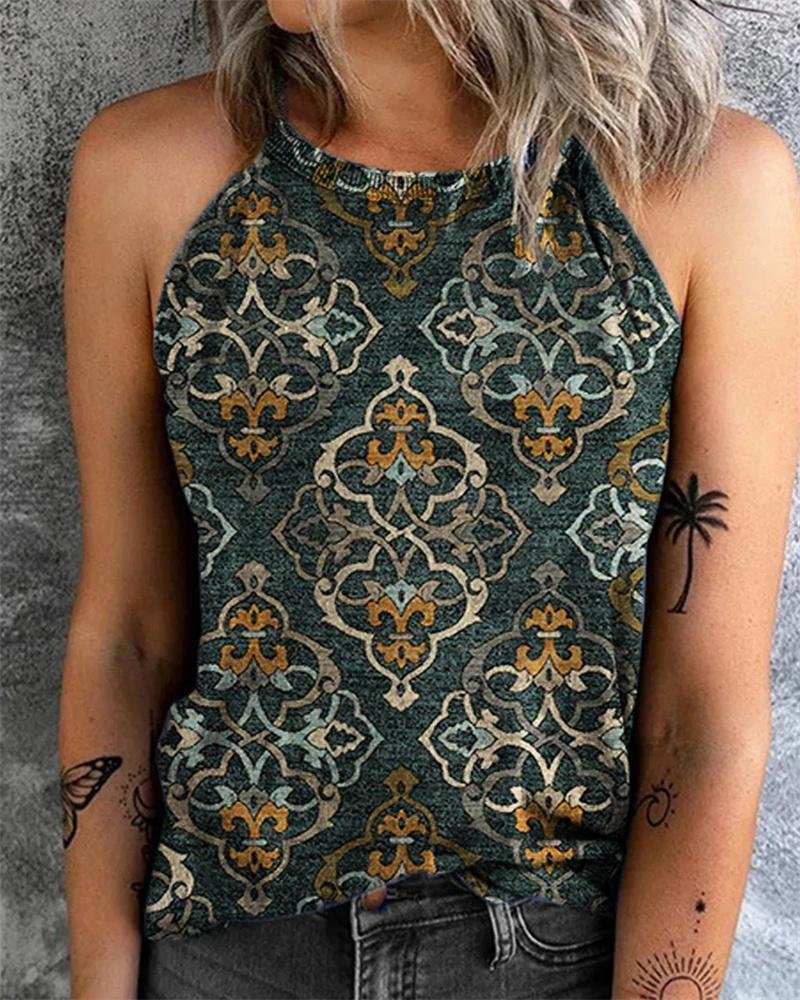 Vintage Print Halter Neck Sleeveless Tank Top