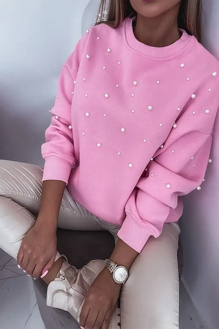 pearl detail ribbed crew neck sweatshirt in bonbon pink