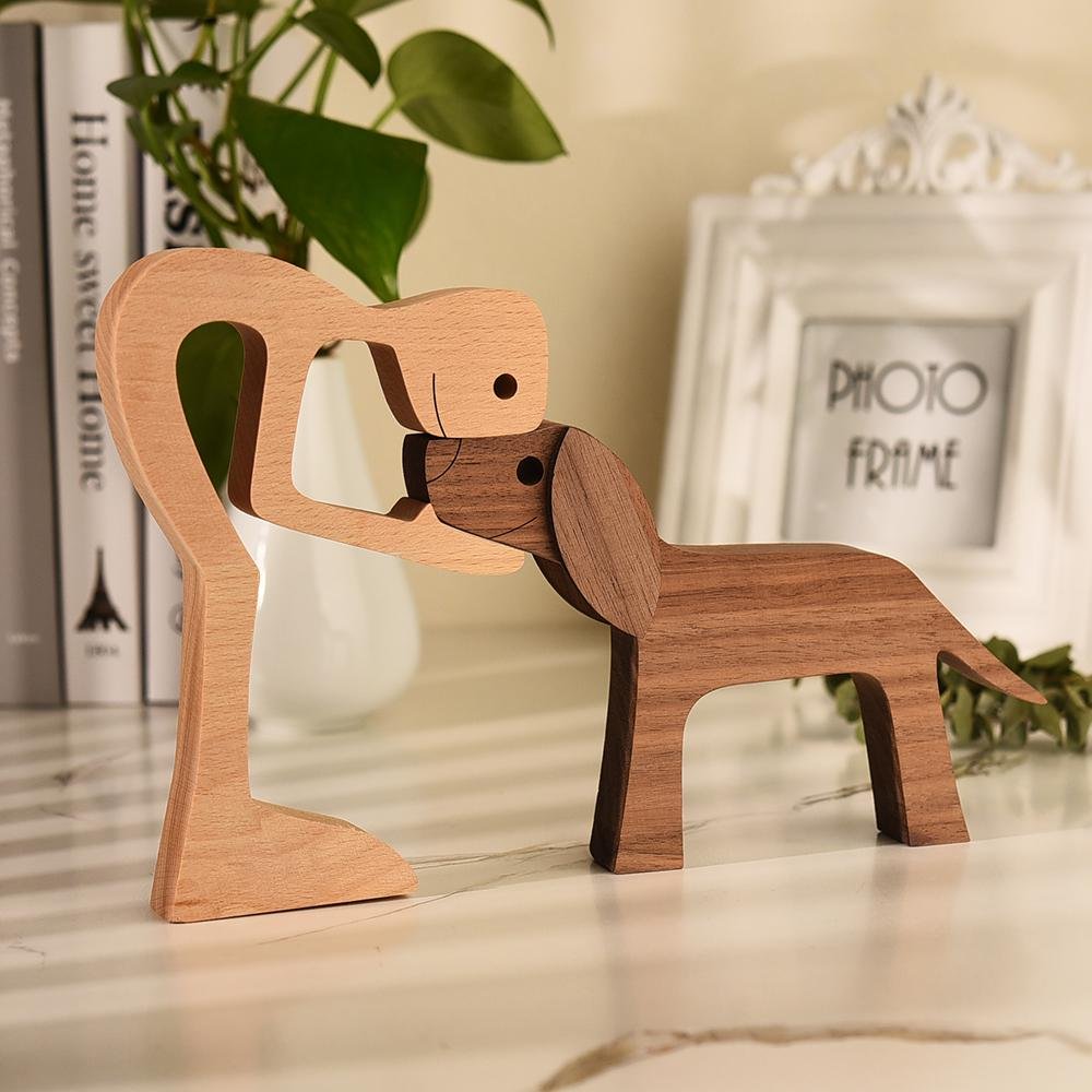 Family Wooden Statue Couple Human And Dog Figurines Home Decor Craft ...