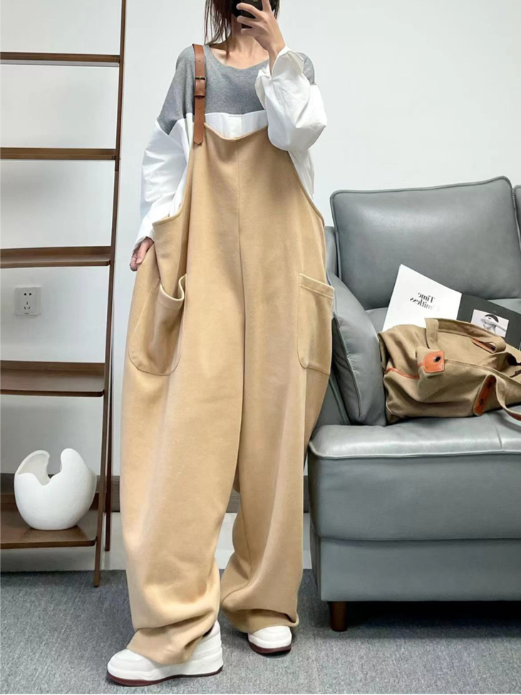 Literary Super Loose Solid Color Cotton Jumpsuit