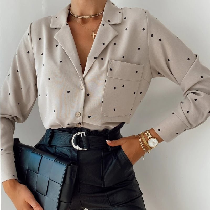 Women Polka Dot Pockets Casual Blouse Long Sleeve Notched Collar Simple Elegant Shirt 2020 Autumn Office Lady fashion Women Tops
