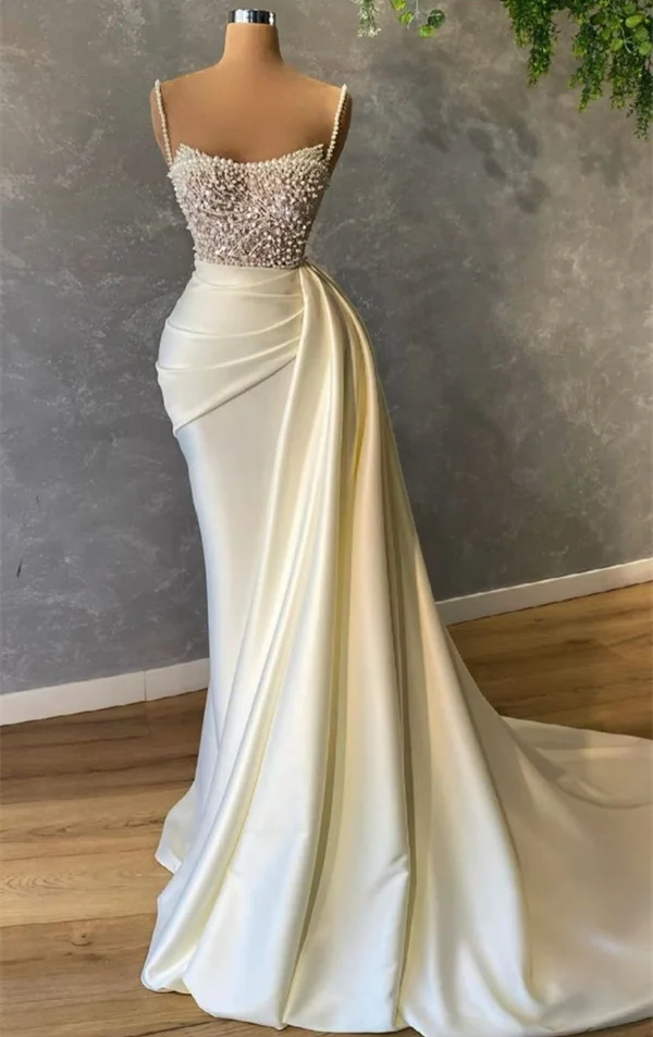 Luluslly Ivory Pearls Mermaid Wedding Dress Spaghetti-Straps