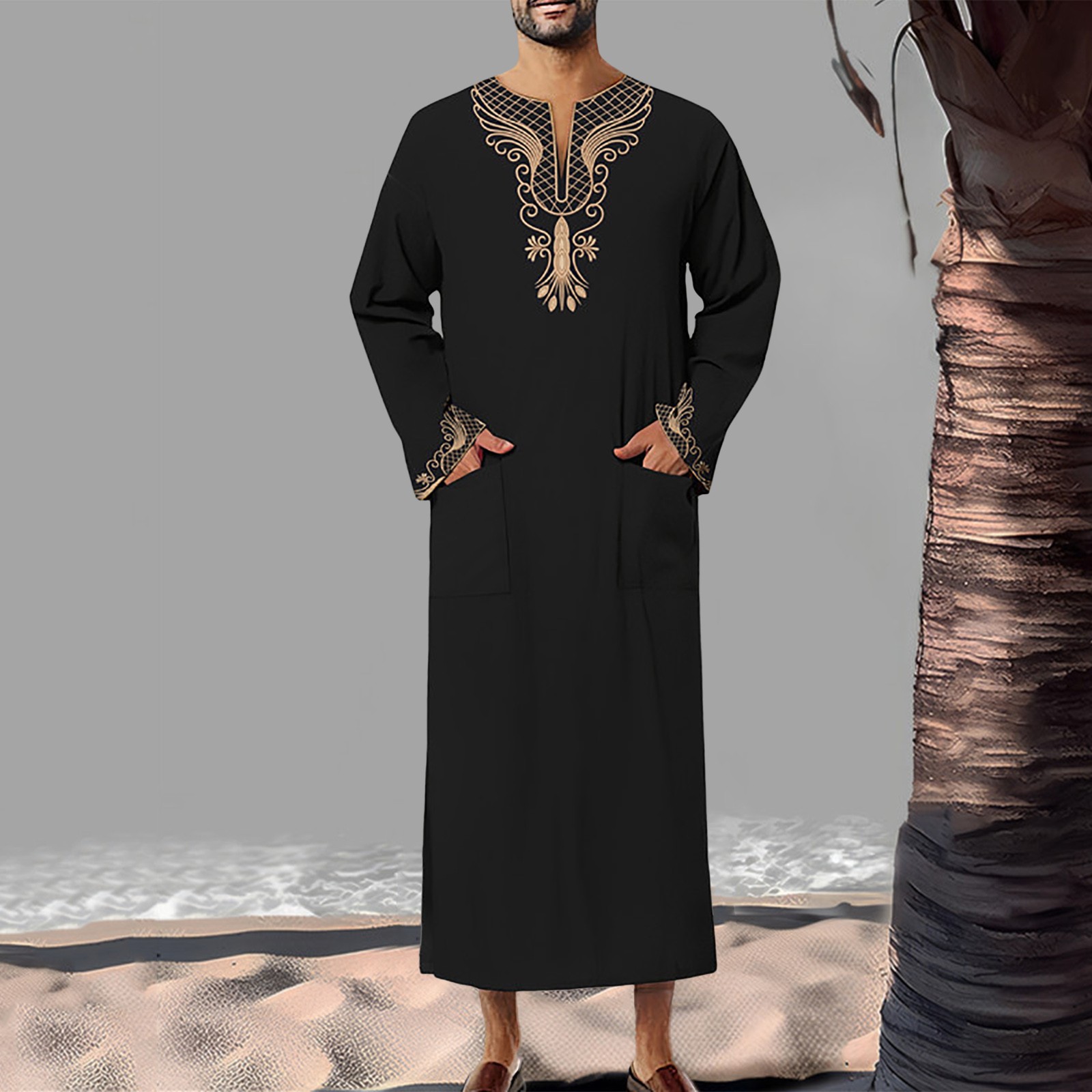 Soloyy men costume adult Men Shirts Summer Mens Arab Muslim Mens Long Sleeve Robe Printed V Neck Design Loose Breathable Robe 한국 동대문 2024