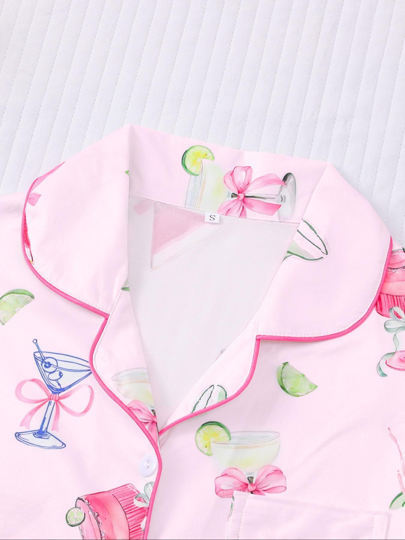 Women's All-Over Cocktail Print Button Front Shirt & Elastic Waist Shorts Pyjama, Casual Comfy Pjs Short Sleeve Top & Shorts Pajamas Set, Ladies Sleepwear for All Seasons, Loungewear, Casual Pajamas Outfit