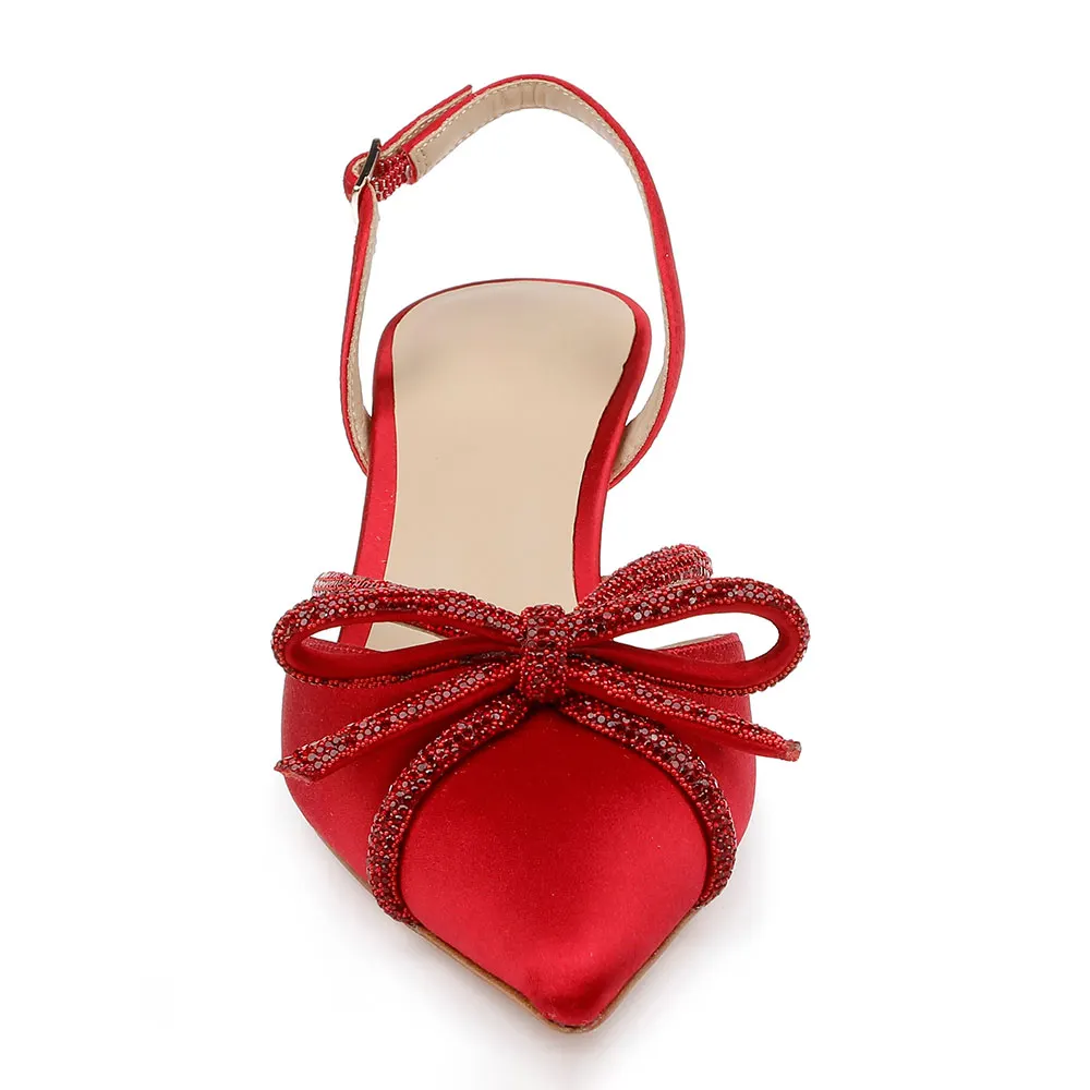 YDN Shiny Red Satin Pointed Toe Slingback Rhinestone Bow Heels