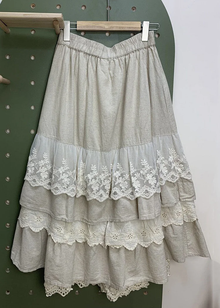 Women Linen Elastic Waist Lace Patchwork Linen Skirts Spring
