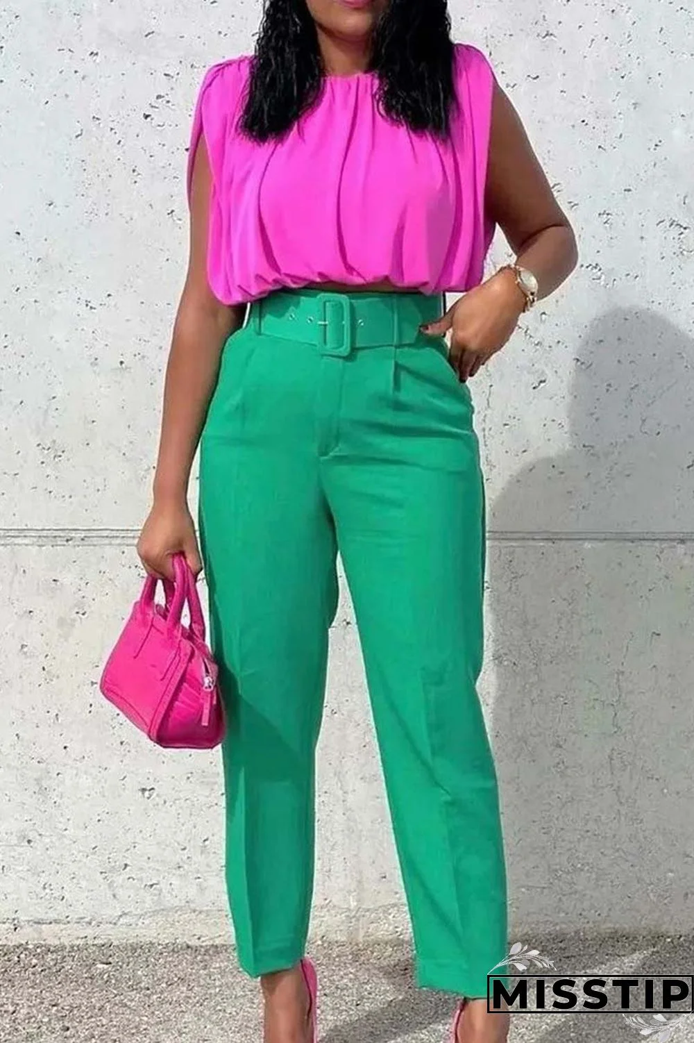 Pink Casual Solid Patchwork With Belt Regular High Waist Conventional Solid Color Trousers