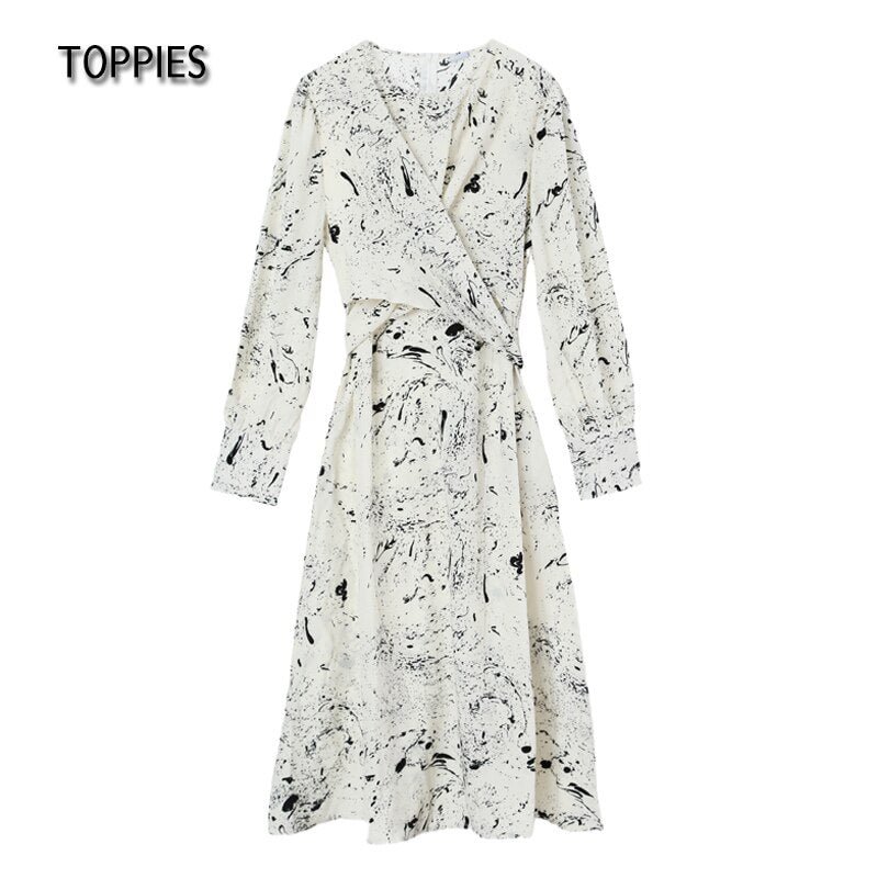 Toppies 2021 Long Dress for Women O Neck Long Sleeve Fashion Print Chic Belt zipper Loose Midi Dress Vestidos
