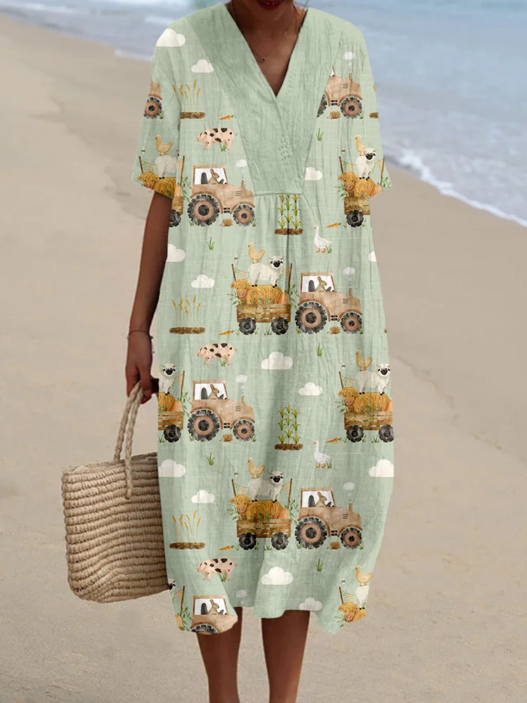 Comstylish Lovely Farm Animals Art Linen Blend Midi Dress