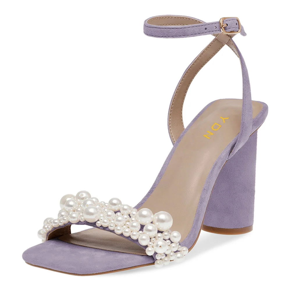 Purple Ankle Strap Open Square Toe Pearl Cylinder Heeled Sandals