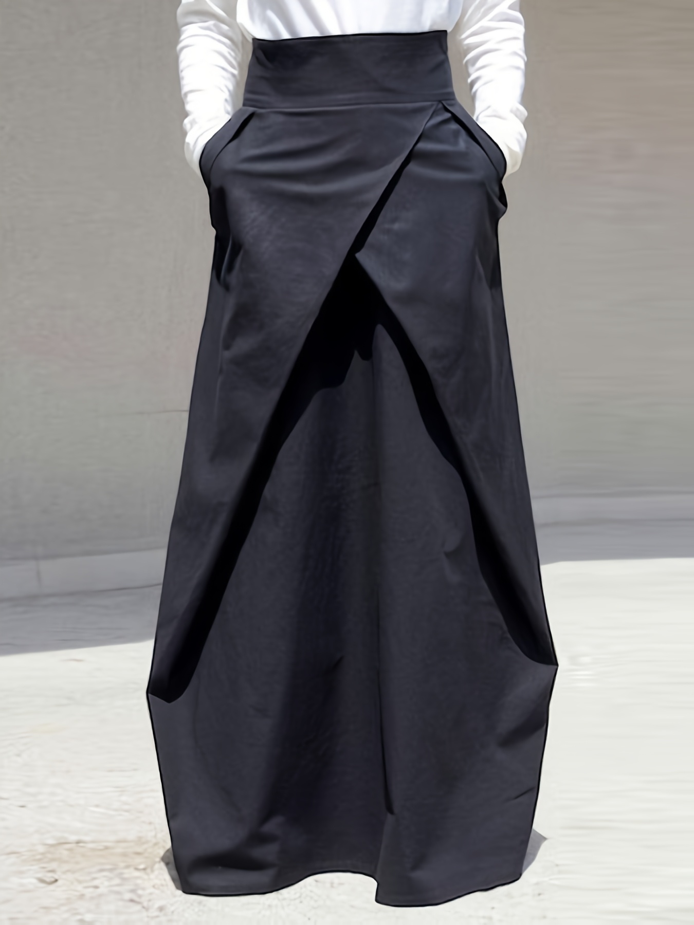 Womens Elegant High-Waist Solid Black Cross Skirt With Practical Pockets Versatile | IFYHOME