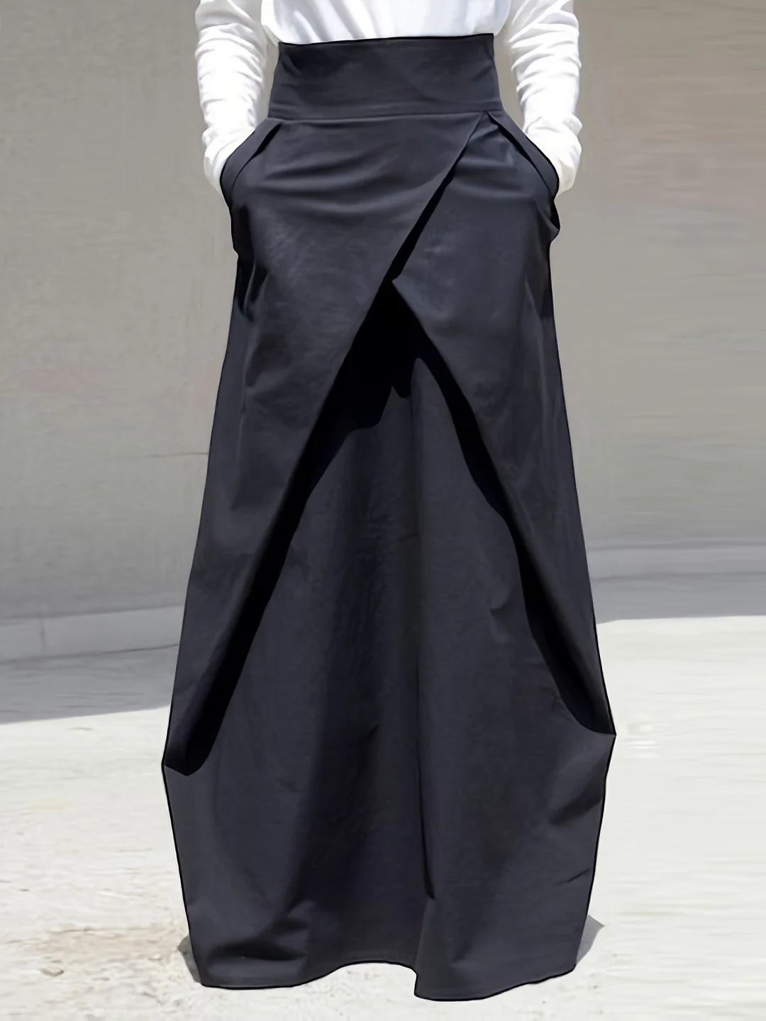 Women's Elegant High-Waist Solid Black Cross Skirt With Practical Pockets - Versatile Mid-Length For All Seasons, Machine Washable, Smooth Fabric, Perfect For Casual Or Office Wear, High Waisted Skirt, Allseason Fashion, Nontransparent Material | IFYHOME