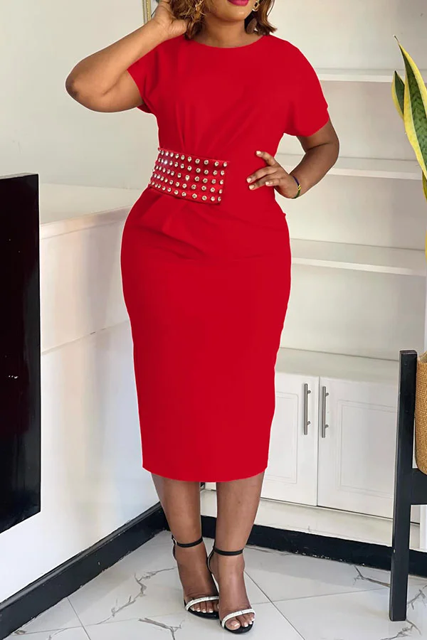 Solid Color Rhinestone Stylish Midi Dress