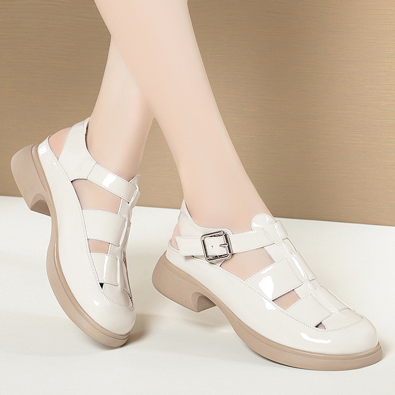 Karastik funky womens shoes Comfortable Fashion Square Heels Bright Leather Shoes Platform Sandals Summer 2025 Cutout Gladiator Sandals For Office Mom
