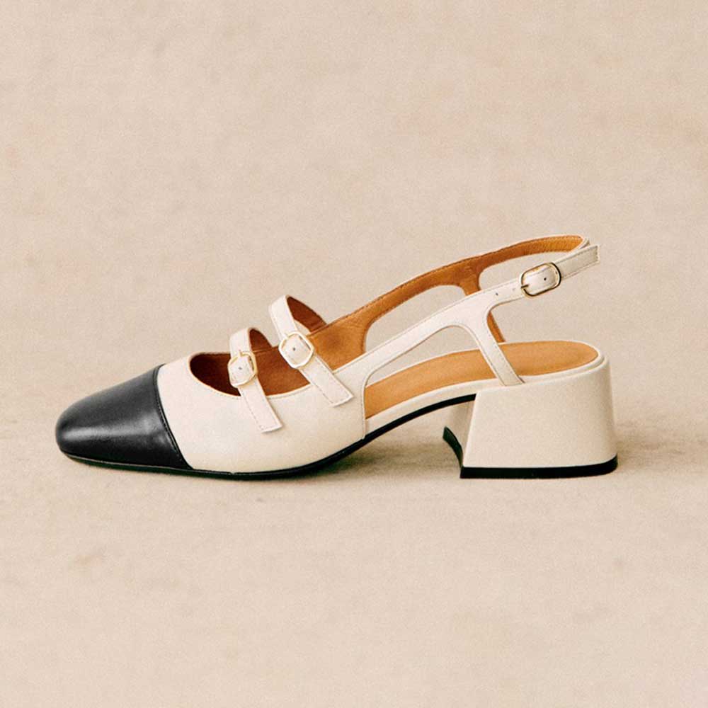 Black & White Square Toe Block Heel Buckle Strap Slingback Pumps Nicepairs