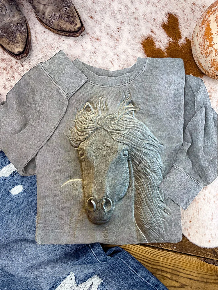 VChics Vintage Western Horse Print Casual Cozy Sweatshirt
