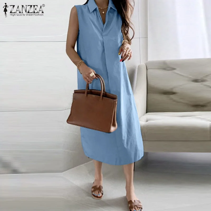 2022 ZANZEA Elegant Women Lapel Neck Shirt Dress Summer Sleeveless Sundress Casual Office Work Solid Vestido Sarafans 7