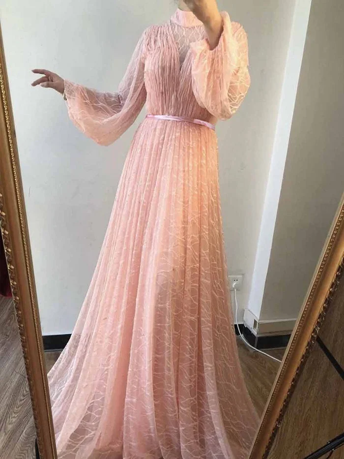 Elegant Puff Sleeve High Neck Long Sleeve Dress