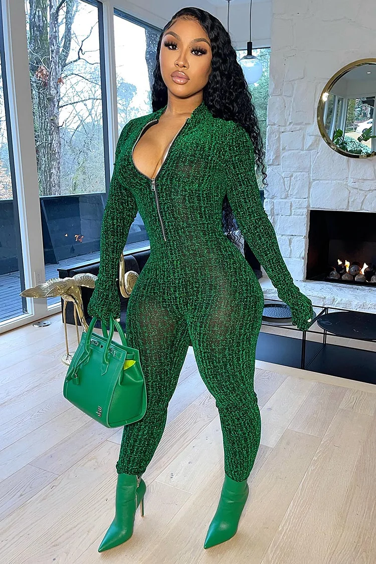 Half Zipper Long Sleeve Textured Mesh Cocktail Party Bodycon Jumpsuit-Green