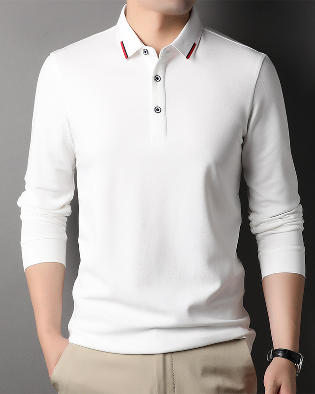 Men's white lapel long sleeve polo shirt