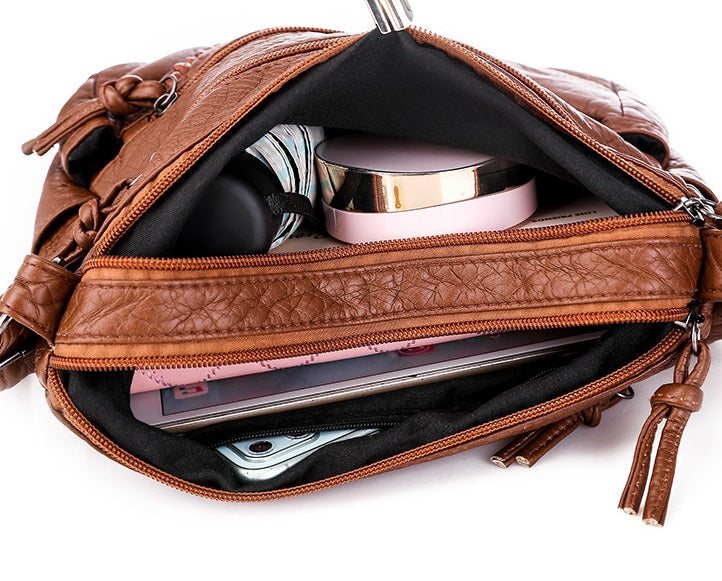 Casual soft leather solid color large capacity shoulder bag